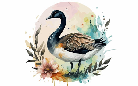 Watercolor vector illustration of a goose on a background of watercolor splashesのイラスト素材