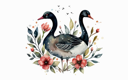 Watercolor illustration of a black swan with flowers and leaves.のイラスト素材