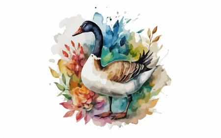Watercolor illustration of a swan in a wreath of flowersのイラスト素材