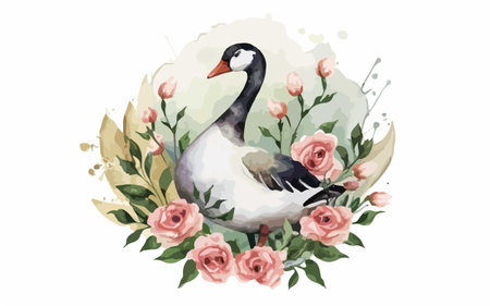 Watercolor vector illustration of a goose with a bouquet of rosesのイラスト素材