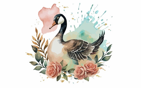 Watercolor hand drawn vector illustration of a goose with a rose.のイラスト素材