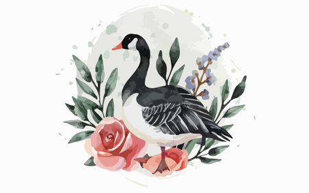 Watercolor illustration of a goose with a rose in its beakのイラスト素材