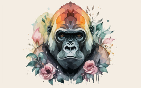 Gorilla portrait with flowers. Vector illustration of a gorilla.のイラスト素材