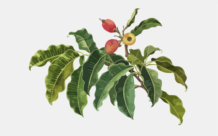 Coffee tree branch with fruits and leaves. Vector illustration.のイラスト素材