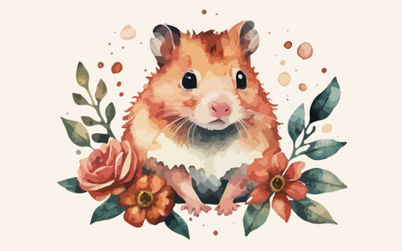 Cute hamster with flowers and leaves. Hand drawn vector illustration.のイラスト素材