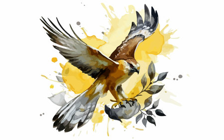 Watercolor illustration of a hawk on a white background with blots.のイラスト素材