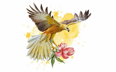 Watercolor vector illustration of a bird in flight with a flower.のイラスト素材
