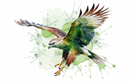 Watercolor illustration of a bird of prey in flight on a white backgroundのイラスト素材