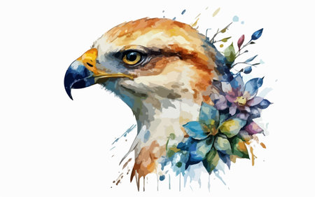 Watercolor illustration of an eagle in a wreath of flowers.のイラスト素材