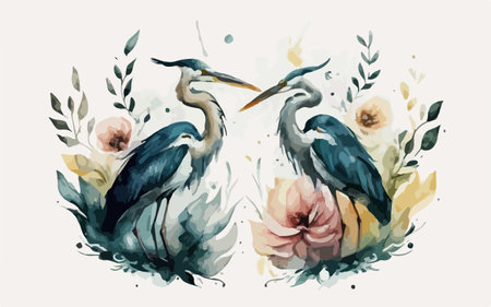 Vector watercolor illustration of a pair of herons and flowers.のイラスト素材