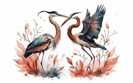 Watercolor illustration of a pair of herons on the background of the autumn landscapeのイラスト素材