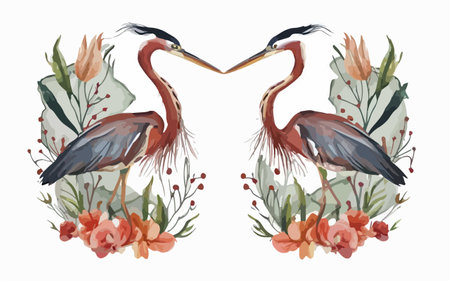 Two watercolor wreaths with a red heron on a white backgroundのイラスト素材