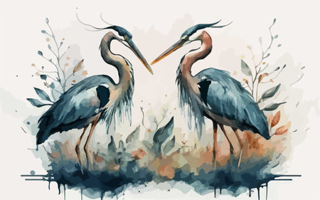 Watercolor illustration of a pair of great blue herons in a swamp.のイラスト素材