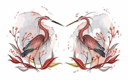 Set of hand drawn watercolor illustrations of heron birds. Vector illustrationのイラスト素材