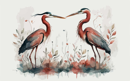 Two red herons on the meadow. Watercolor illustration.のイラスト素材