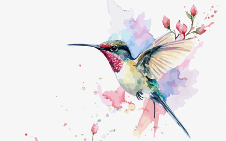 Watercolor painting of Hummingbird on watercolor splashes backgroundのイラスト素材