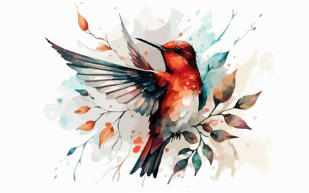 Hand drawn watercolor illustration of a red-throated hummingbirdのイラスト素材