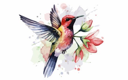 Watercolor hummingbird on a branch with flowers. Vector illustration.のイラスト素材