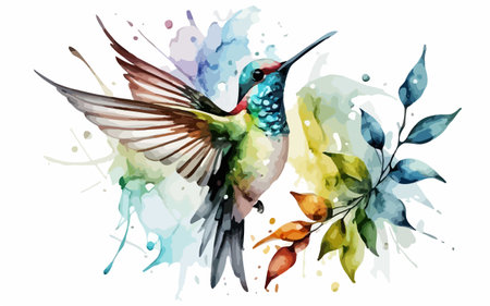 Watercolor hummingbird with green leaves on white background. Vector illustration.のイラスト素材