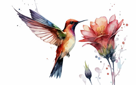 Watercolor flowers and hummingbird isolated on white background. Vector illustration.のイラスト素材