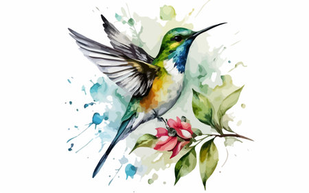 Watercolor hummingbird with flowers and blots. Hand drawn illustrationのイラスト素材