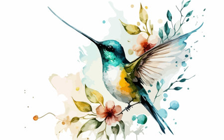 Watercolor hummingbird with flowers and leaves on white background. Vector illustration.のイラスト素材