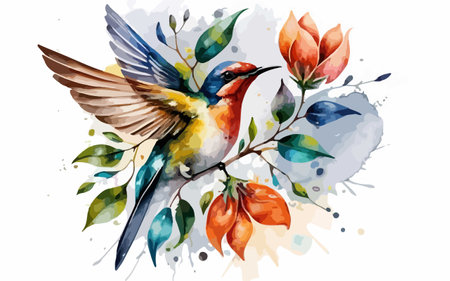 Beautiful vector watercolor illustration of a bird on a branch with flowersのイラスト素材