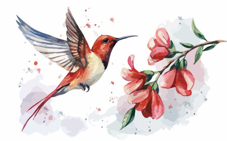 Hummingbird with red flowers. Watercolor illustration isolated on white background.のイラスト素材