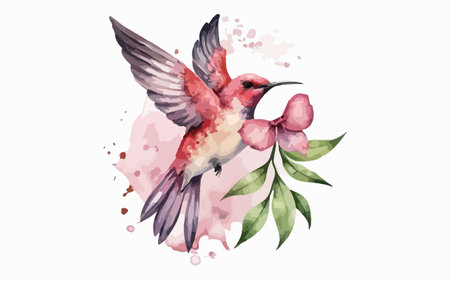 Watercolor hummingbird with flowers and leaves. Hand drawn vector illustration.のイラスト素材