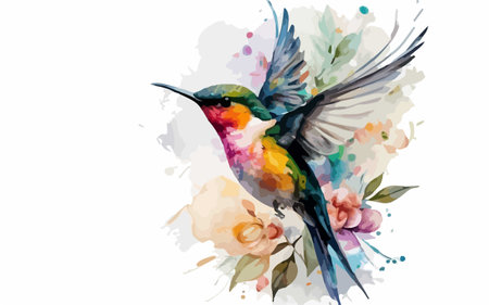 Illustration of a Hummingbird with flowers in watercolor styleのイラスト素材