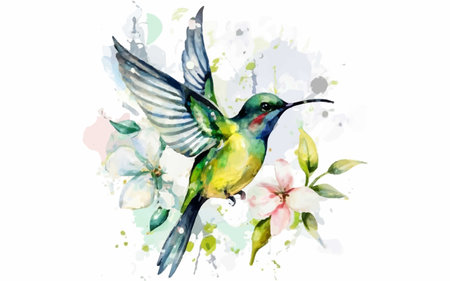 Watercolor illustration of a bird with flowers and leaves. Isolated on white background.のイラスト素材