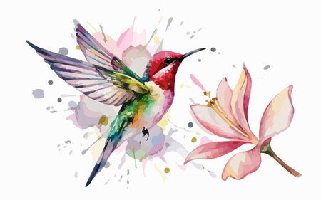Hummingbird and flower. Watercolor illustration. Isolated on white background.のイラスト素材