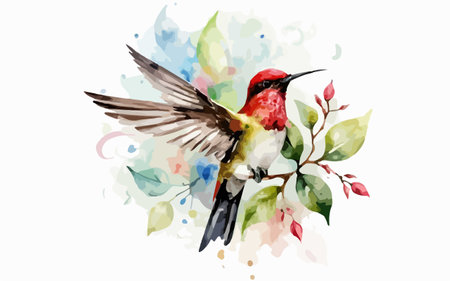 Hummingbird watercolor vector illustration. Hand drawn bird with flowers.のイラスト素材