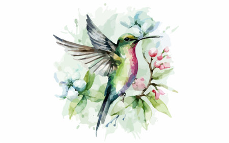 Hummingbird watercolor vector illustration. Hand drawn hummingbird with flowers.のイラスト素材