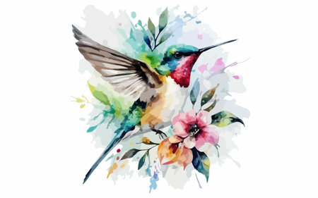 Hummingbird with flowers in watercolor style. Vector illustration.のイラスト素材