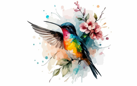 Watercolor hummingbird with flowers and splashes. Vector illustration.のイラスト素材