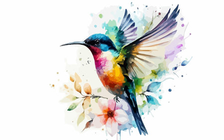Colorful watercolor illustration of a bird on a branch with flowersのイラスト素材