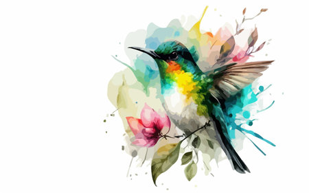 Watercolor hummingbird with flowers on a white background, vector illustrationのイラスト素材