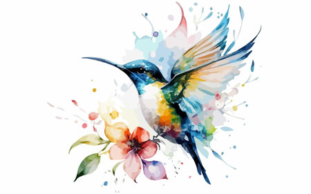 Watercolor hummingbird and flower on white background. Vector illustration.のイラスト素材
