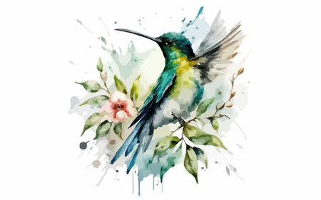 Beautiful vector watercolor illustration of Hummingbird with flower.のイラスト素材