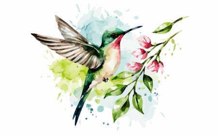 Hummingbird with flowers and watercolor blots. Vector illustration.のイラスト素材