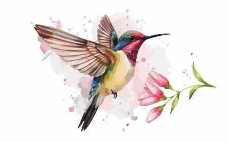 Hummingbird with pink flowers. Watercolor hand drawn illustration.のイラスト素材