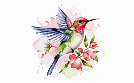 Illustration of a hummingbird with flowers in watercolor style.のイラスト素材