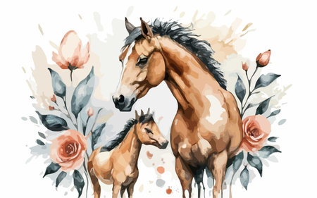 Beautiful watercolor illustration with horses and flowers. Hand drawn vector illustration.のイラスト素材
