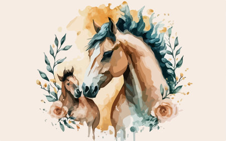Watercolor illustration of a mare with her foal and flowers.のイラスト素材