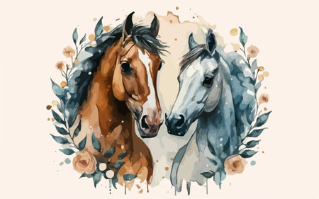 Two horses with flowers. Hand drawn watercolor illustration on white backgroundのイラスト素材