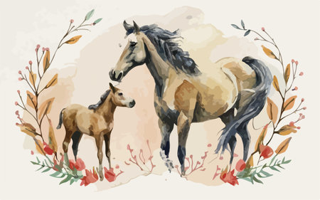 Horses and foal in watercolor style. Vector illustration.のイラスト素材
