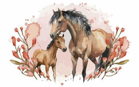 Watercolor hand drawn vector illustration of a pair of horses with a foalのイラスト素材