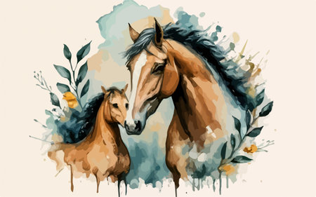 Watercolor painting of a mare and her foal. Vector illustrationのイラスト素材