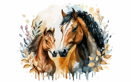 Horses. Watercolor painting on white background. Vector illustration.のイラスト素材